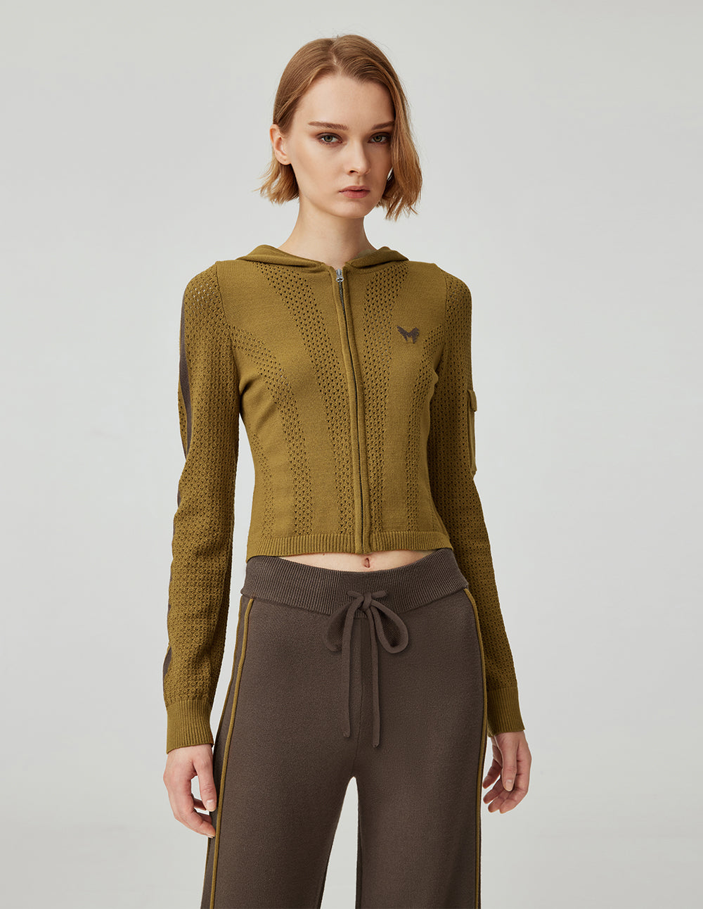 MF high waist short hooded zippered sleeve sweater knitted cardigan