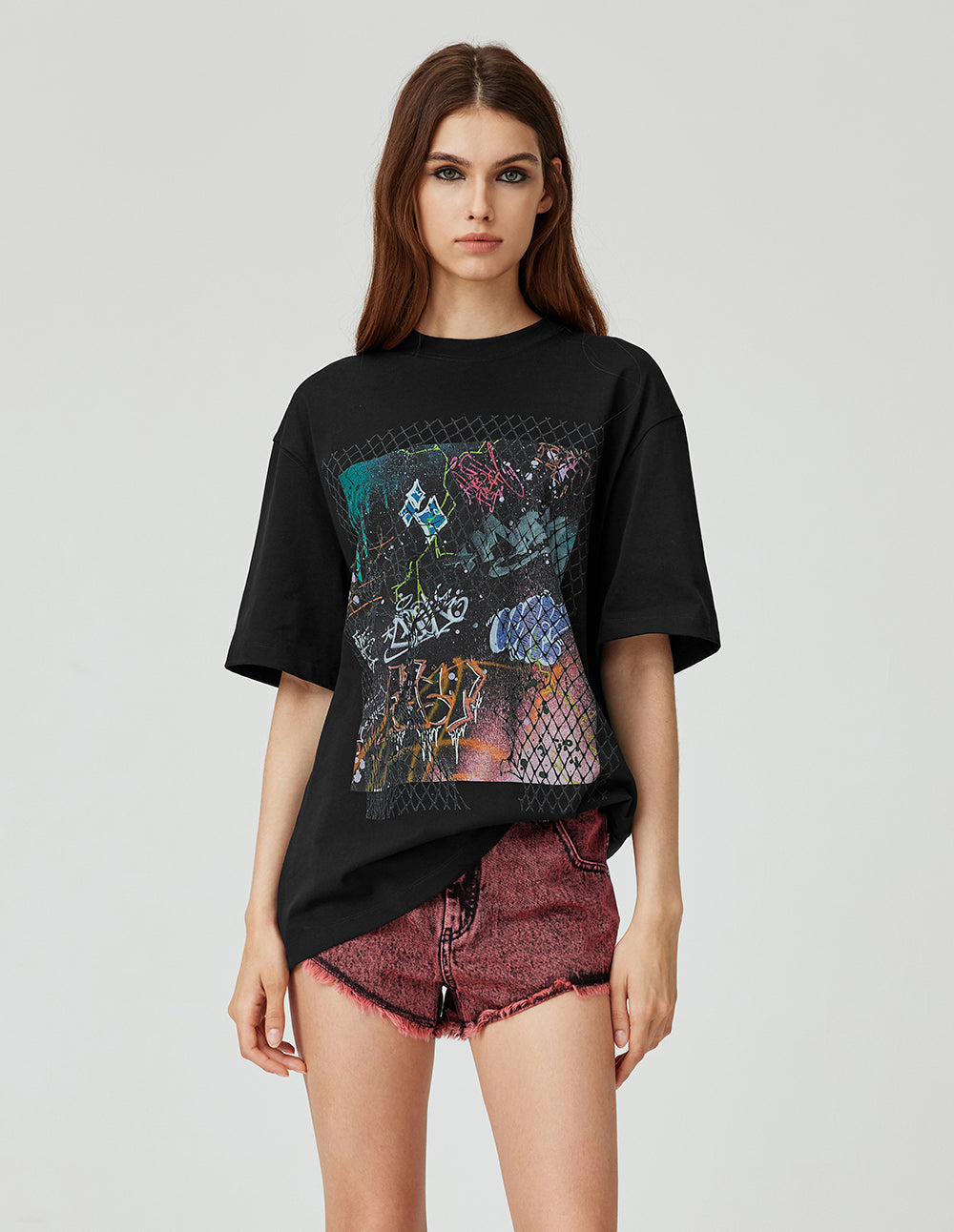 MF Unisex Threaded Small Round Neck Grid Lightning Pattern Abstract Print Loose Cotton T-Shirt