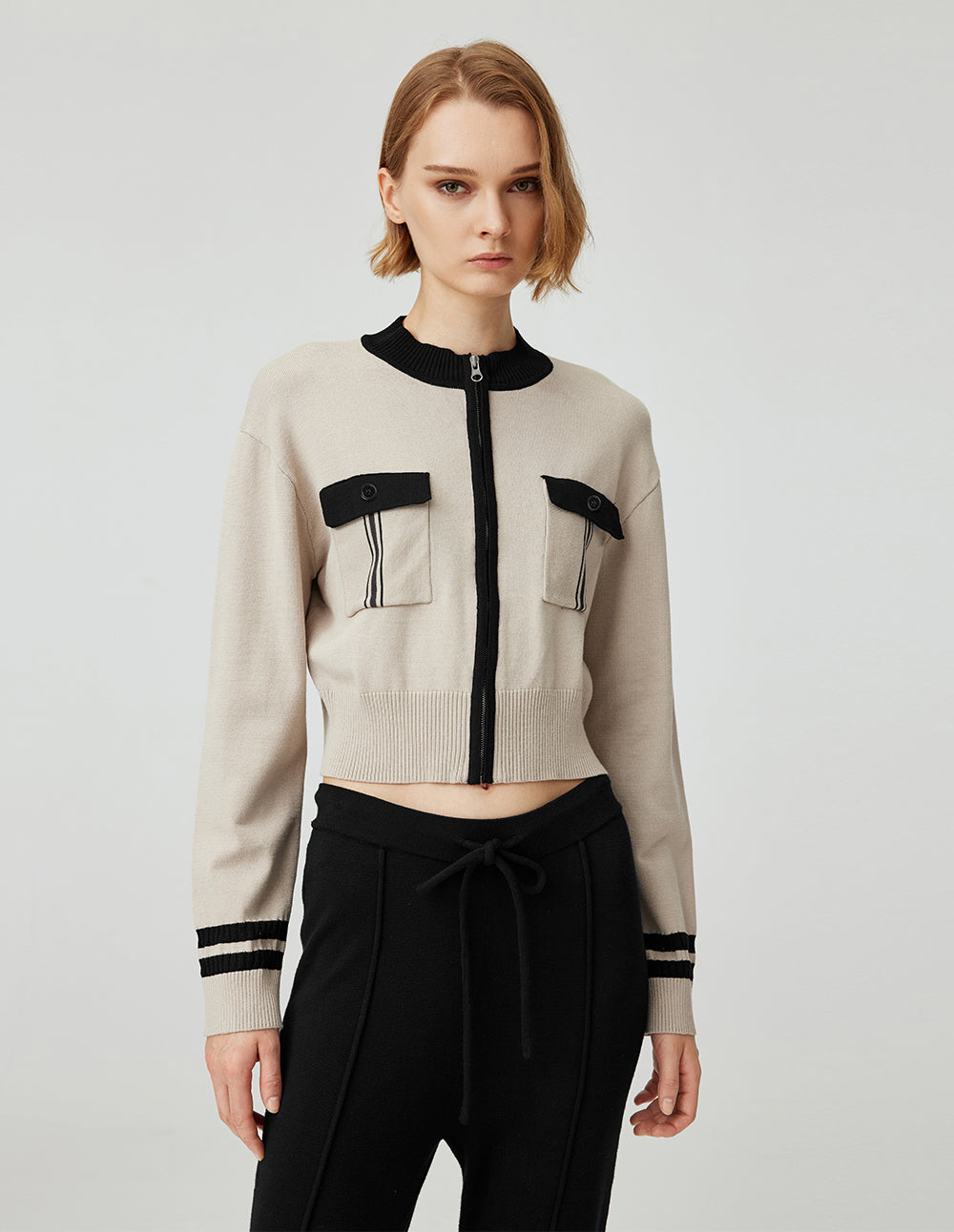 MF all-match contrast color round neck slim basic knitted cardigan