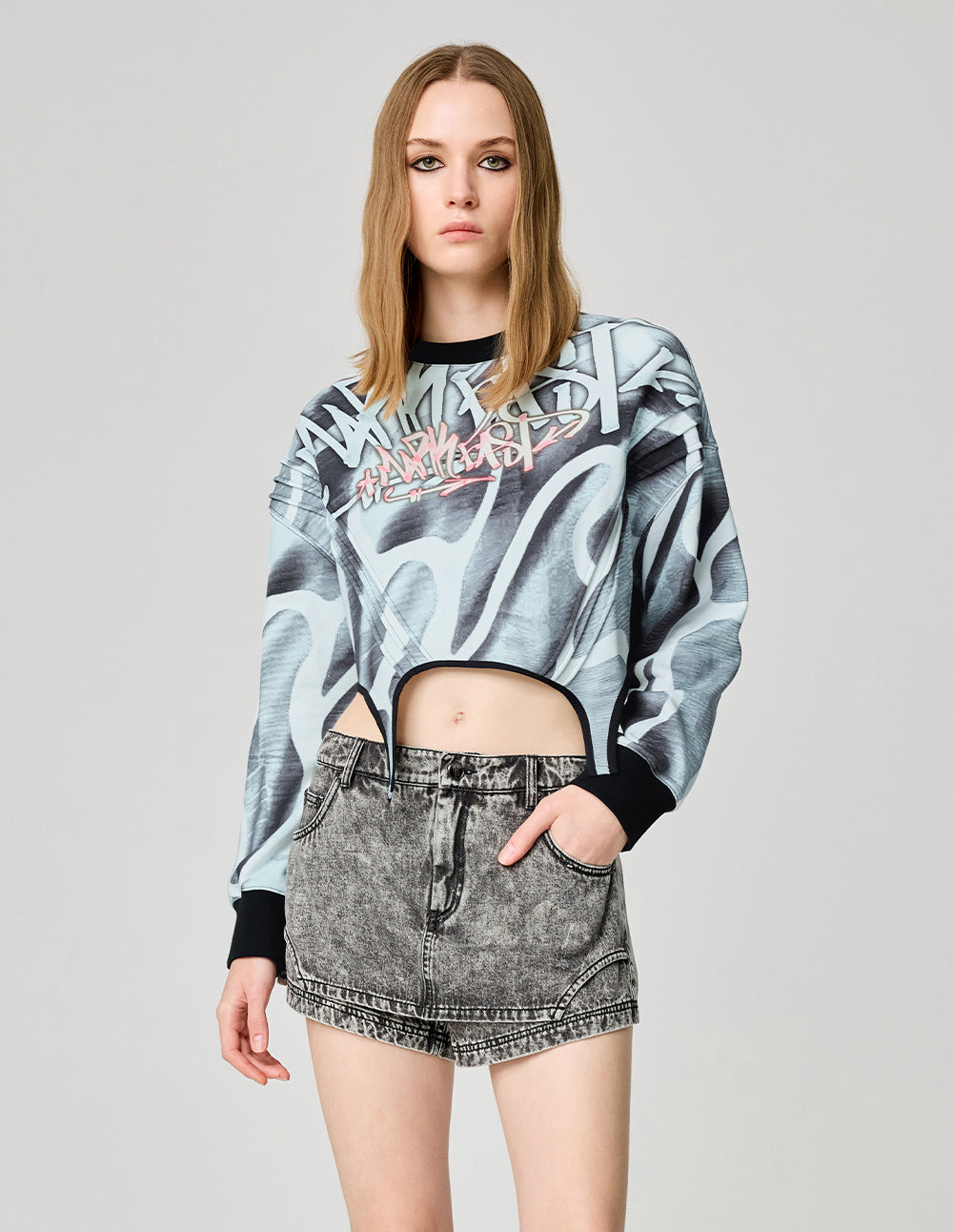 Women's Positioning Printed Cotton Cropped Sweatshirt