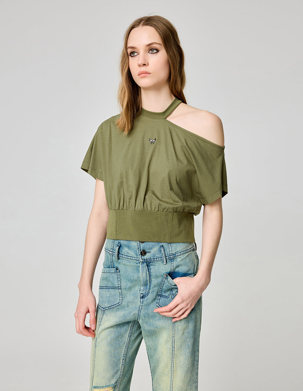 MF Halter Neck Slanted Shoulder Design Short-Sleeved T-Shirt