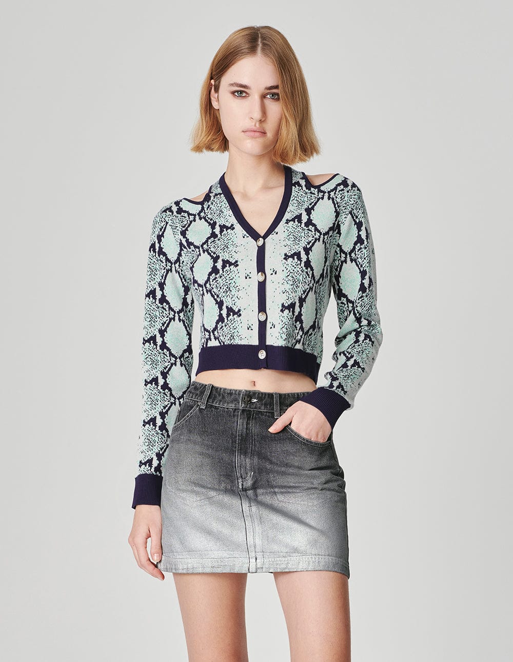 Women's Bright Silver Printed Washed Denim Skirt