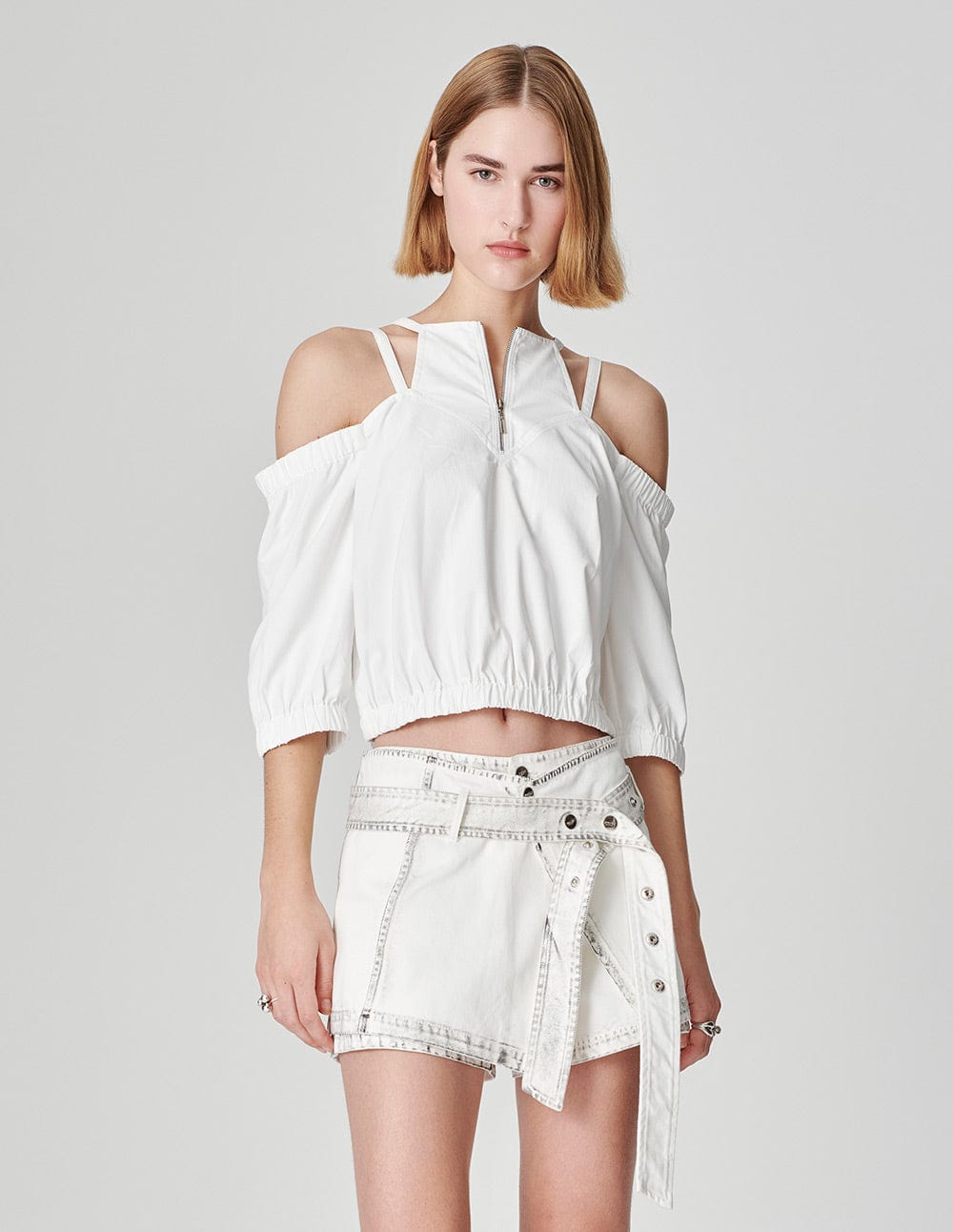 Women's Front Zip Off-The-Shoulder Mid-Sleeve Top