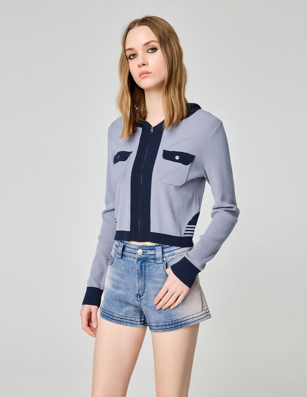 Women's Gray Purple Knitted Hooded Cardigan