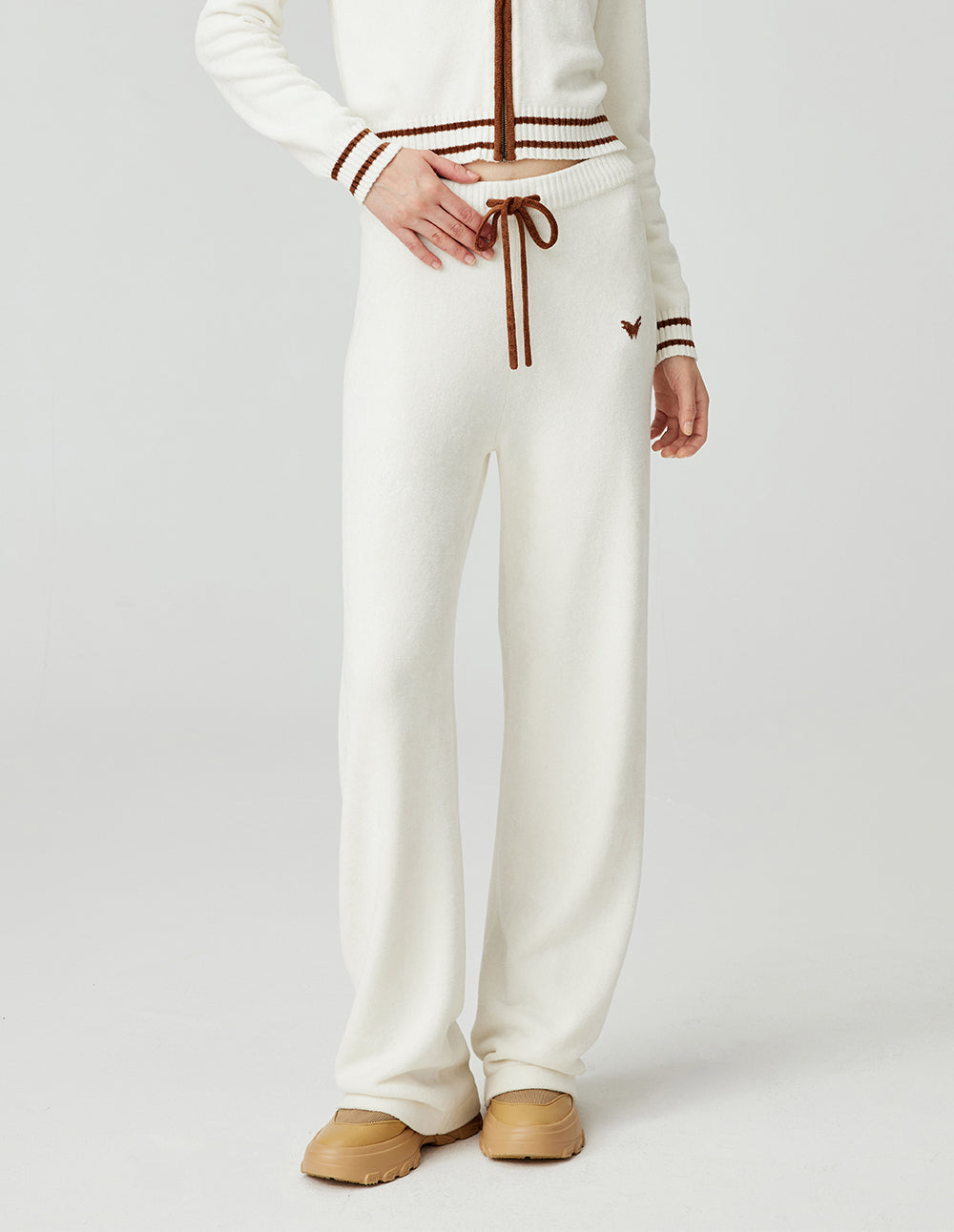 MF Gray Olive Green Contrast Elastic Ribbed Waist Lapel Knitted Pant