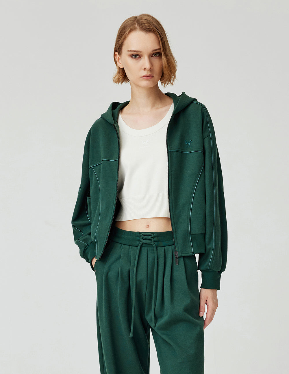 MF Deep Sea Green Loose Ribbed Ruffled Hooded Zipper Sweatshirt