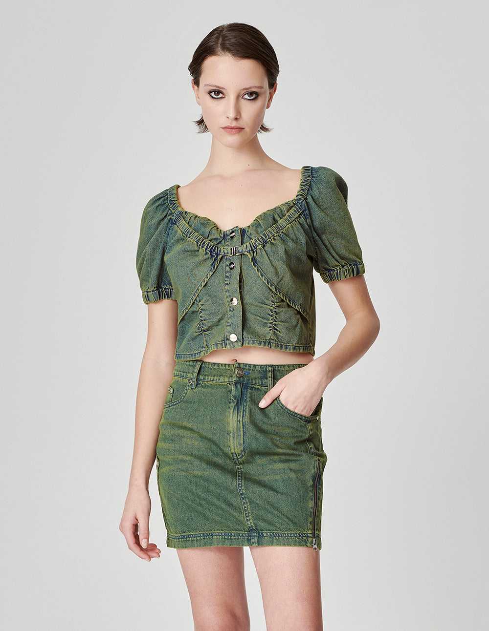 Women's Puff Sleeve Dyed Denim Top