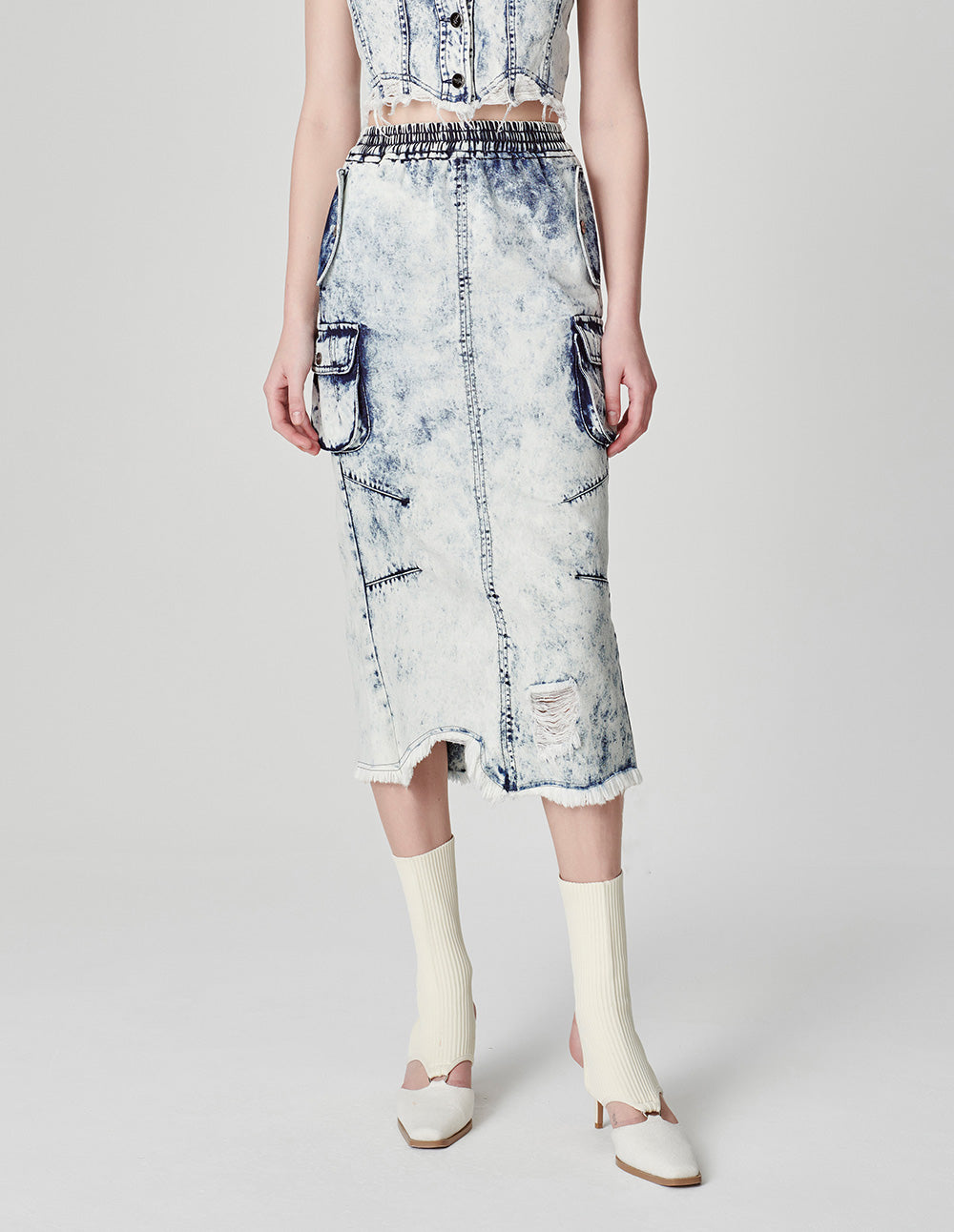 Women's Bleached Double Pocket Denim Skirt