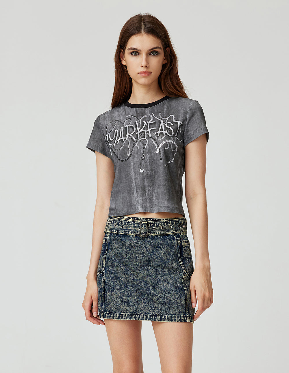 MF Contrast Color Round Neck Design Chain Print Art T-Shirt