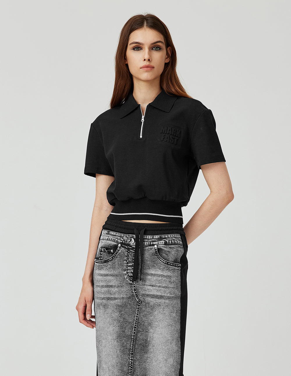 MF slim lapel zipper contrast color thread edge polo top