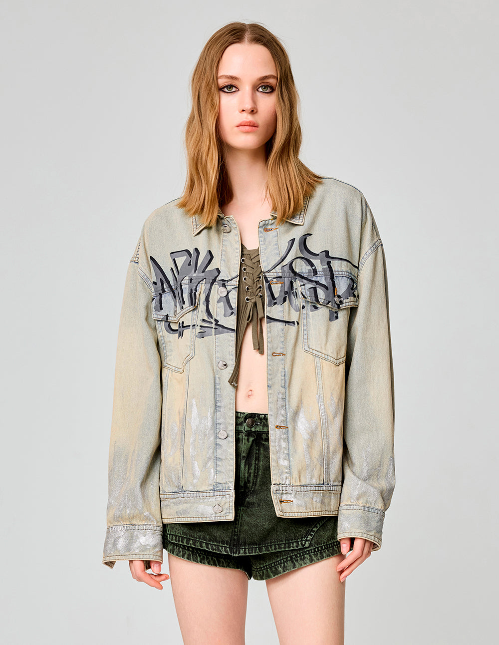 MF Artistic Hand-Painted Lettering Printed Washed Denim Jacket