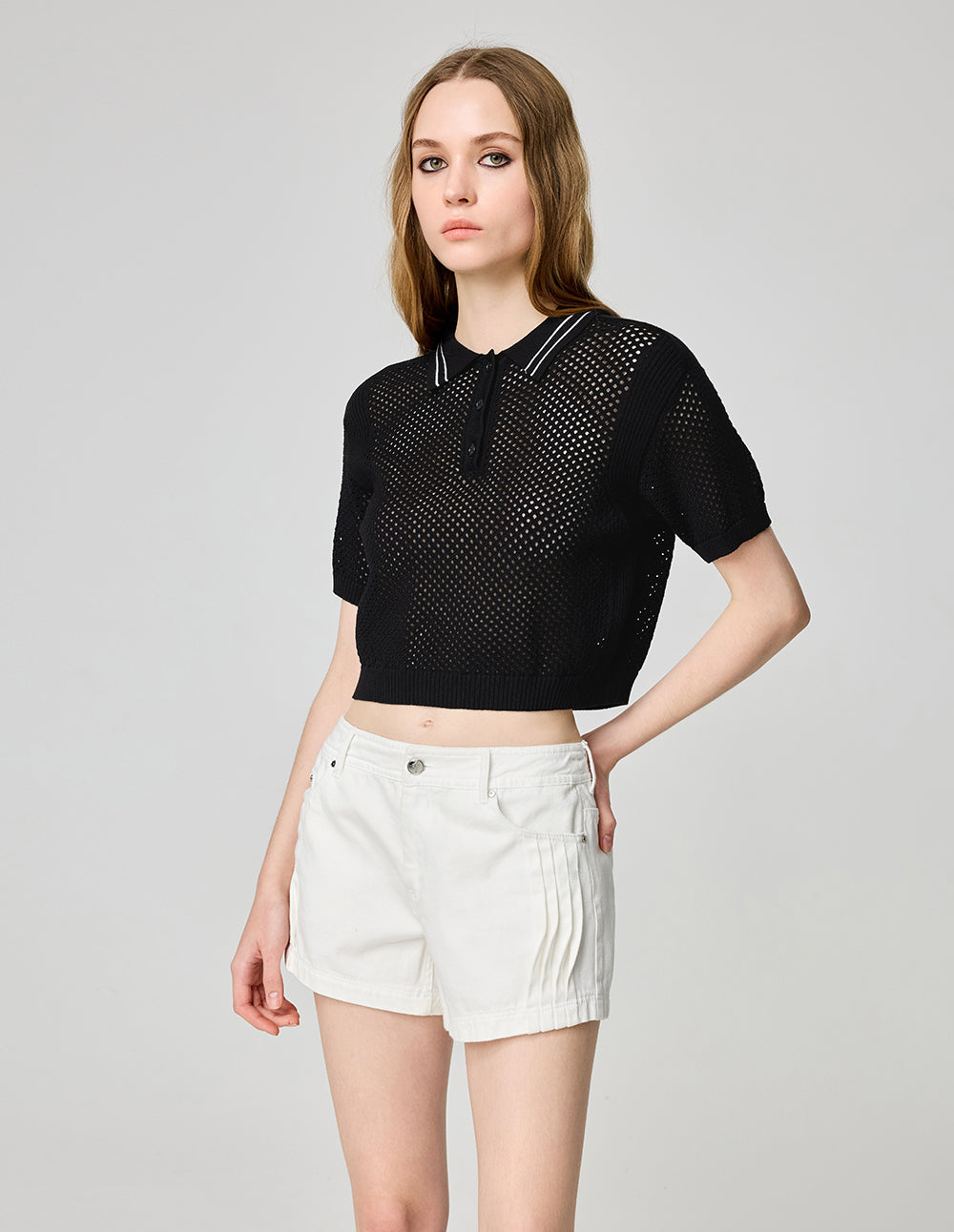 Women's Black Polo Neck Eyelet Sweater