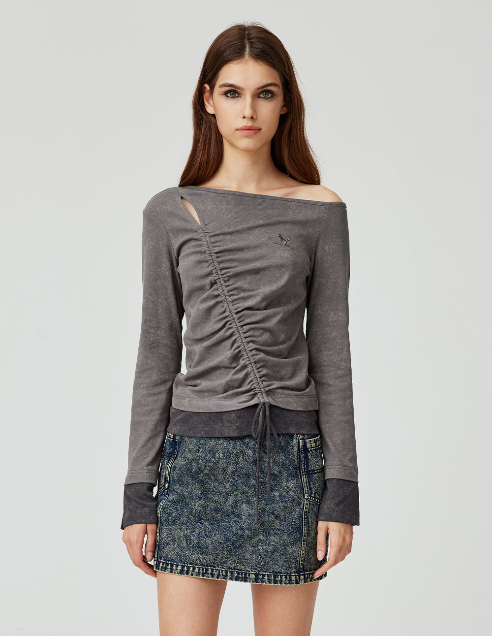 MF one-shoulder oblique elastic pleated lace-up gray top