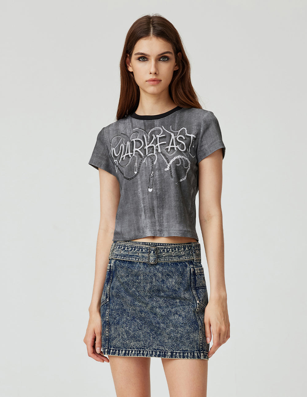 MF dark blue washed wide belt short A-line denim skirt