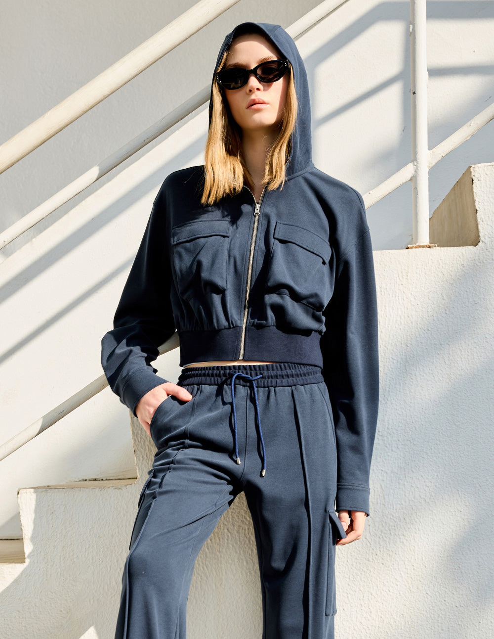 Women's Navy Blue Casual Hooded Jacket