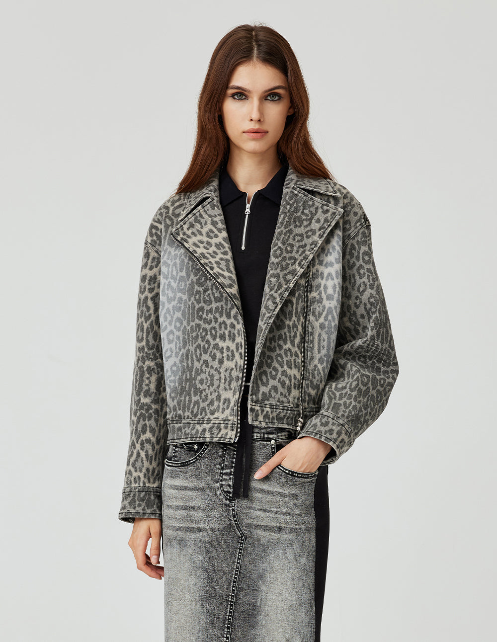 MF neat large lapel slant placket zipper gray leopard print washed denim jacket