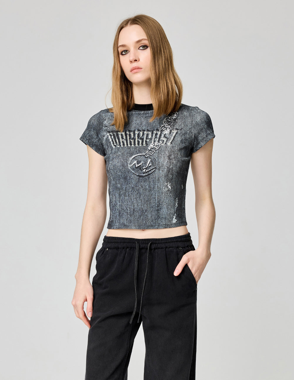 Women's Printed Knitted Ribbed Crew Neck T-Shirt