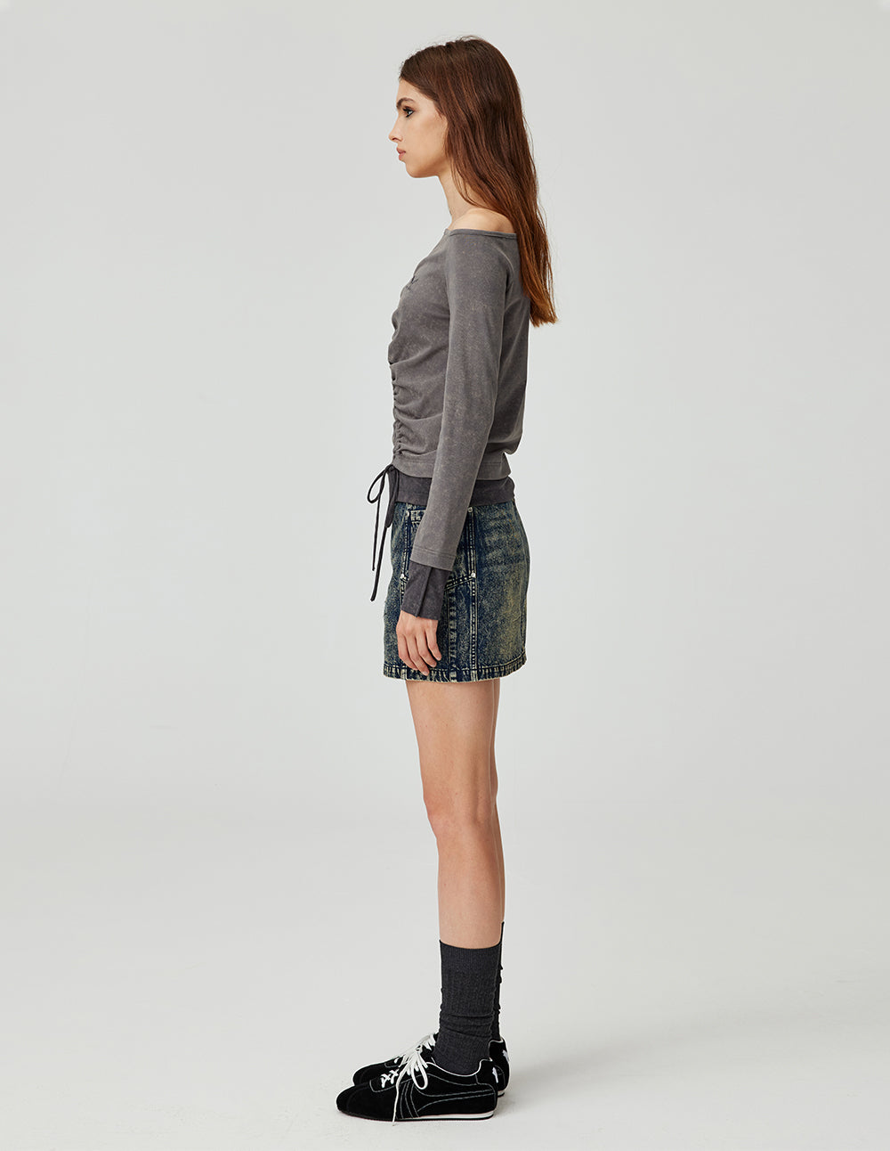 MF one-shoulder oblique elastic pleated lace-up gray top