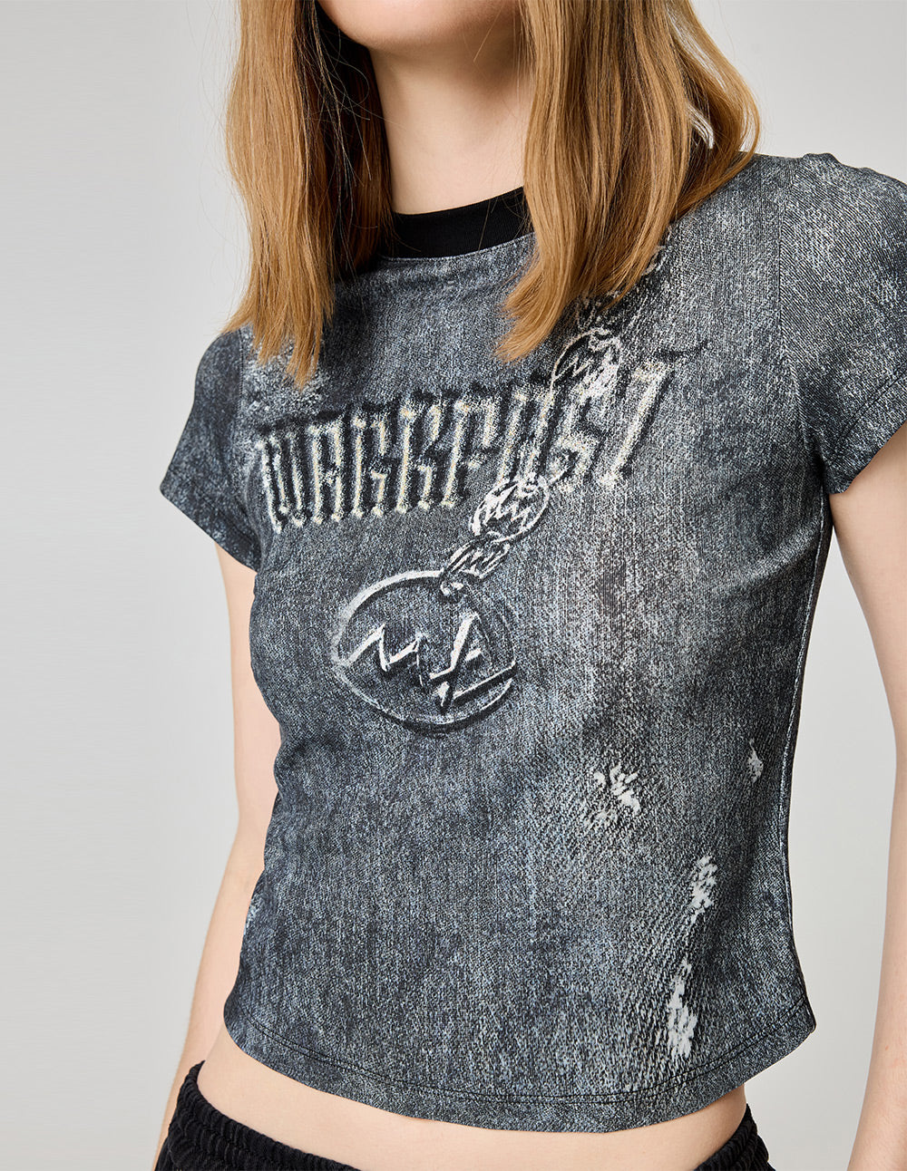 Women's Printed Knitted Ribbed Crew Neck T-Shirt