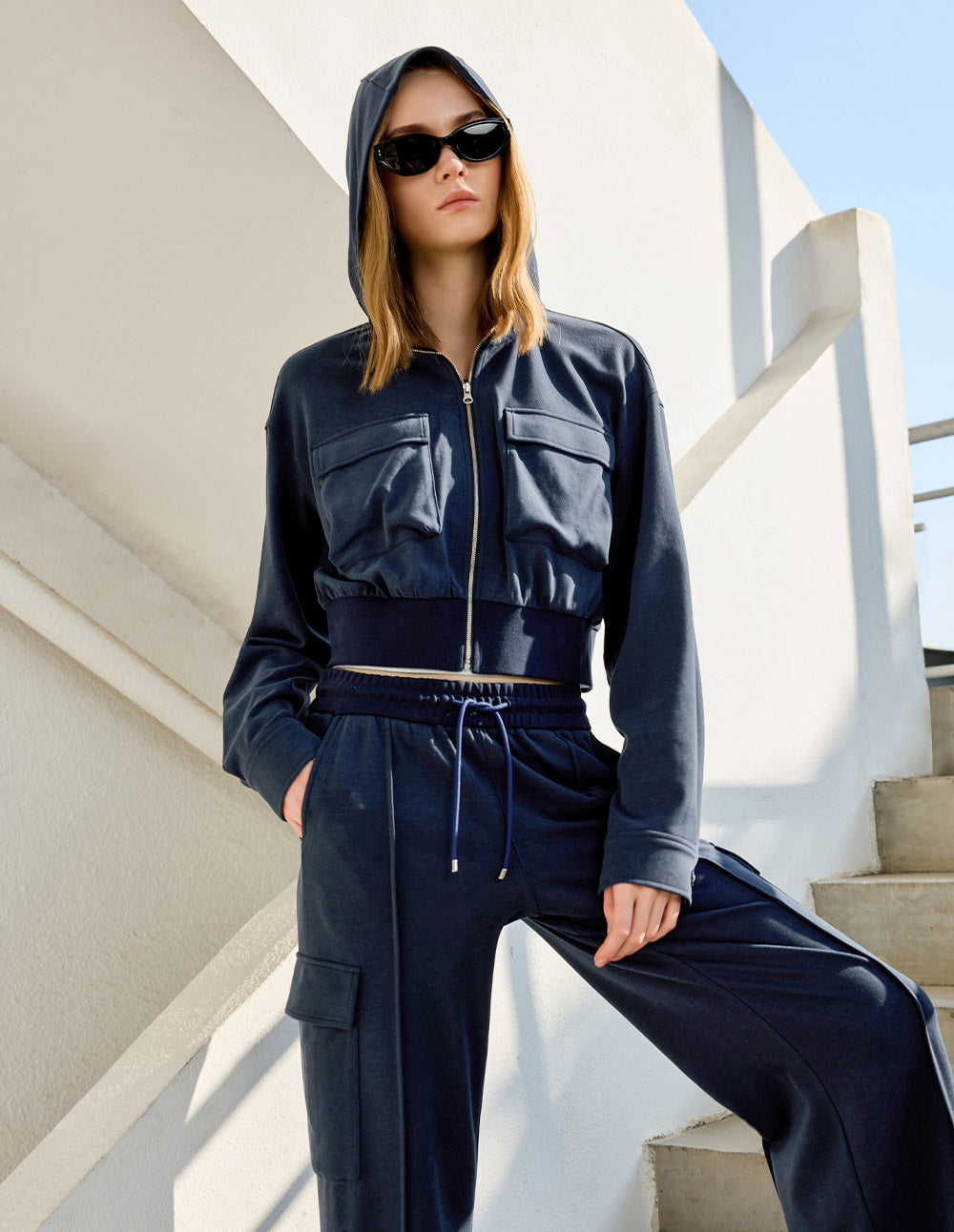 Women's Navy Blue Casual Hooded Jacket