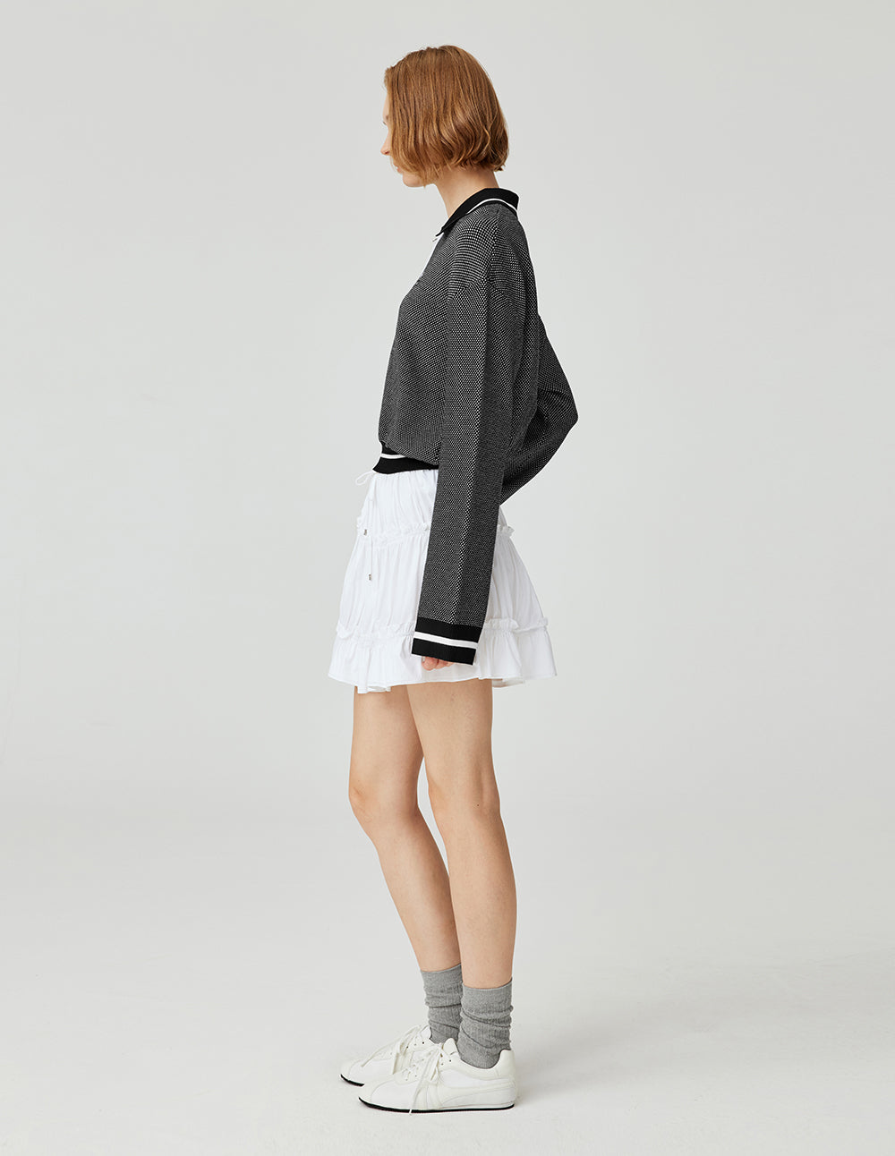 MF contrast color polo lapel zipper ribbed knitted cardigan