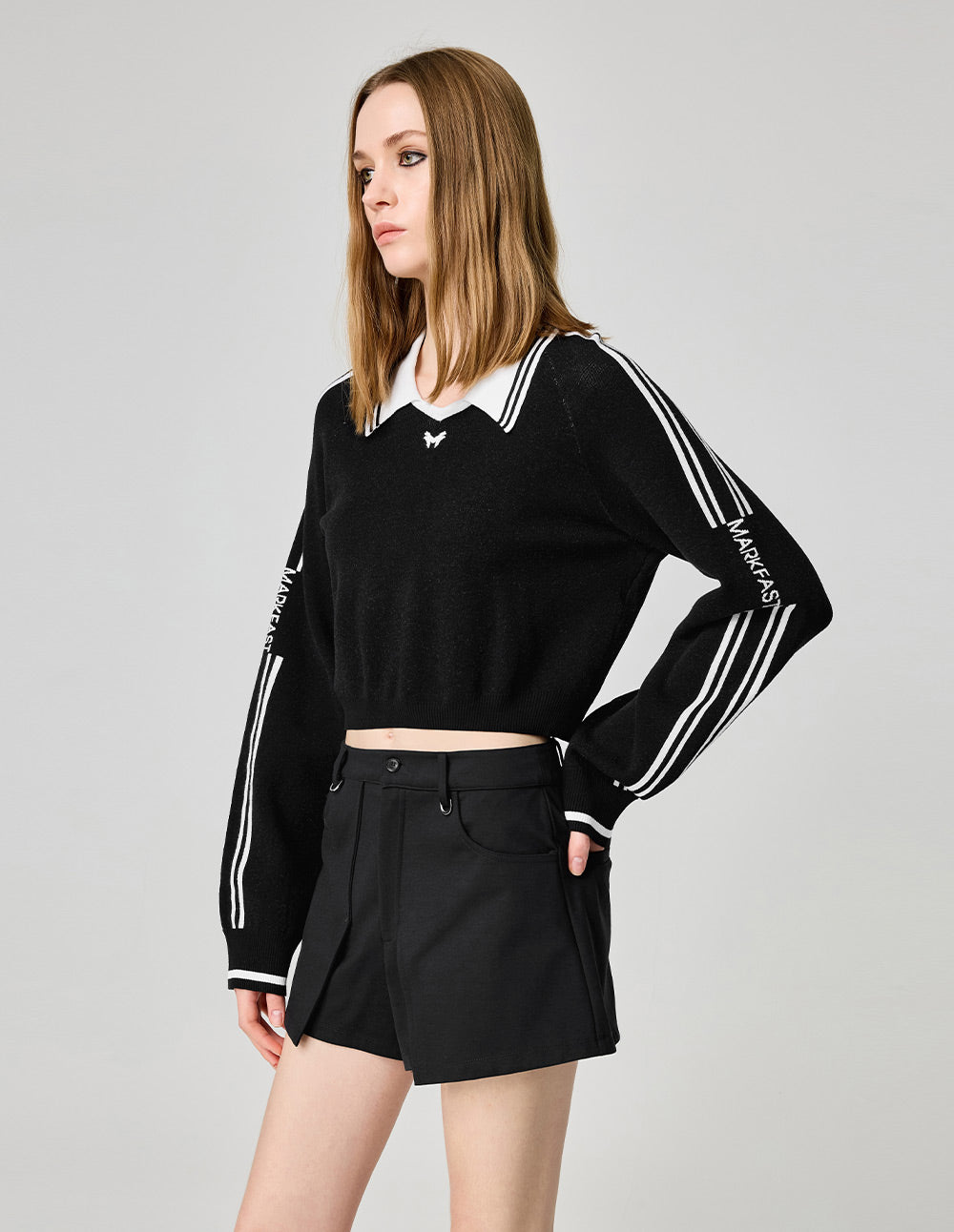 Women's Black Lapel Sports Knit Pullover