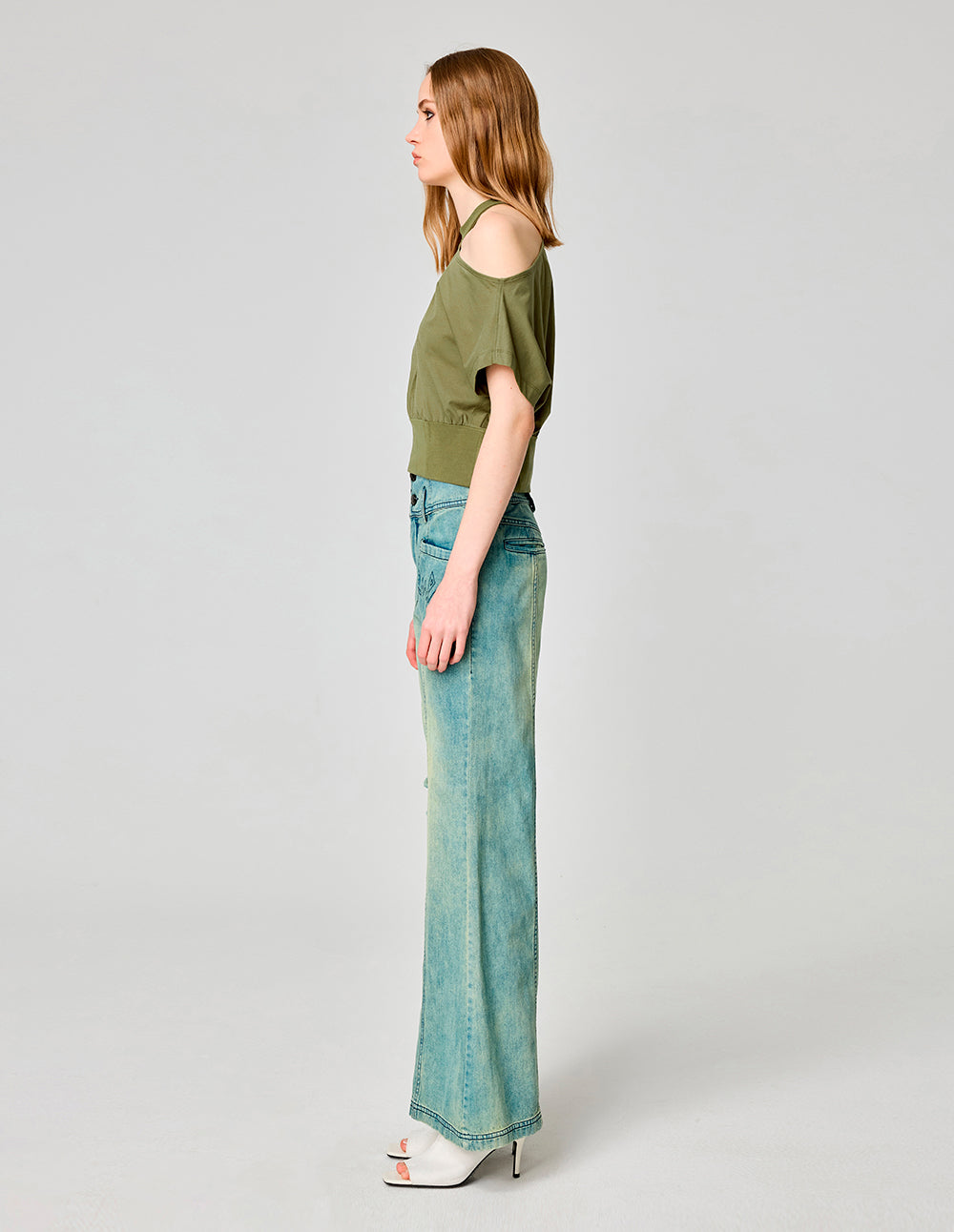 MF Halter Neck Slanted Shoulder Design Short-Sleeved T-Shirt