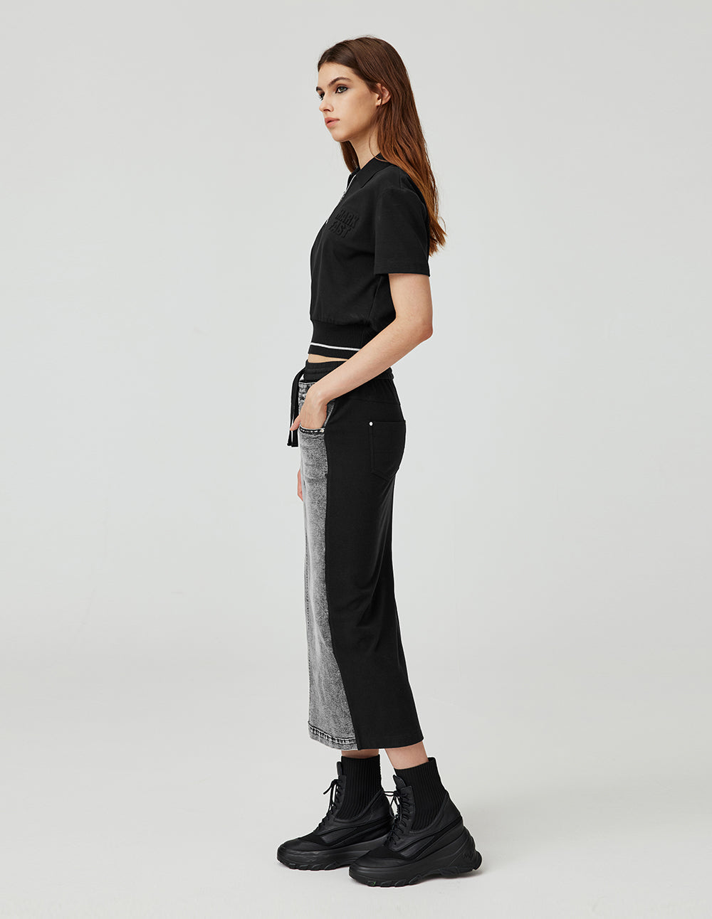 MF layered color-blocked washed long denim skirt