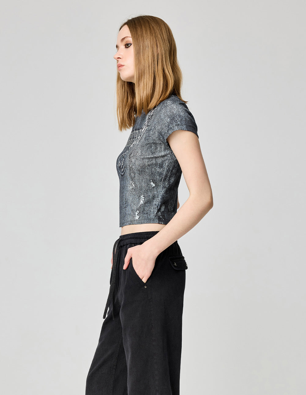 Women's Printed Knitted Ribbed Crew Neck T-Shirt