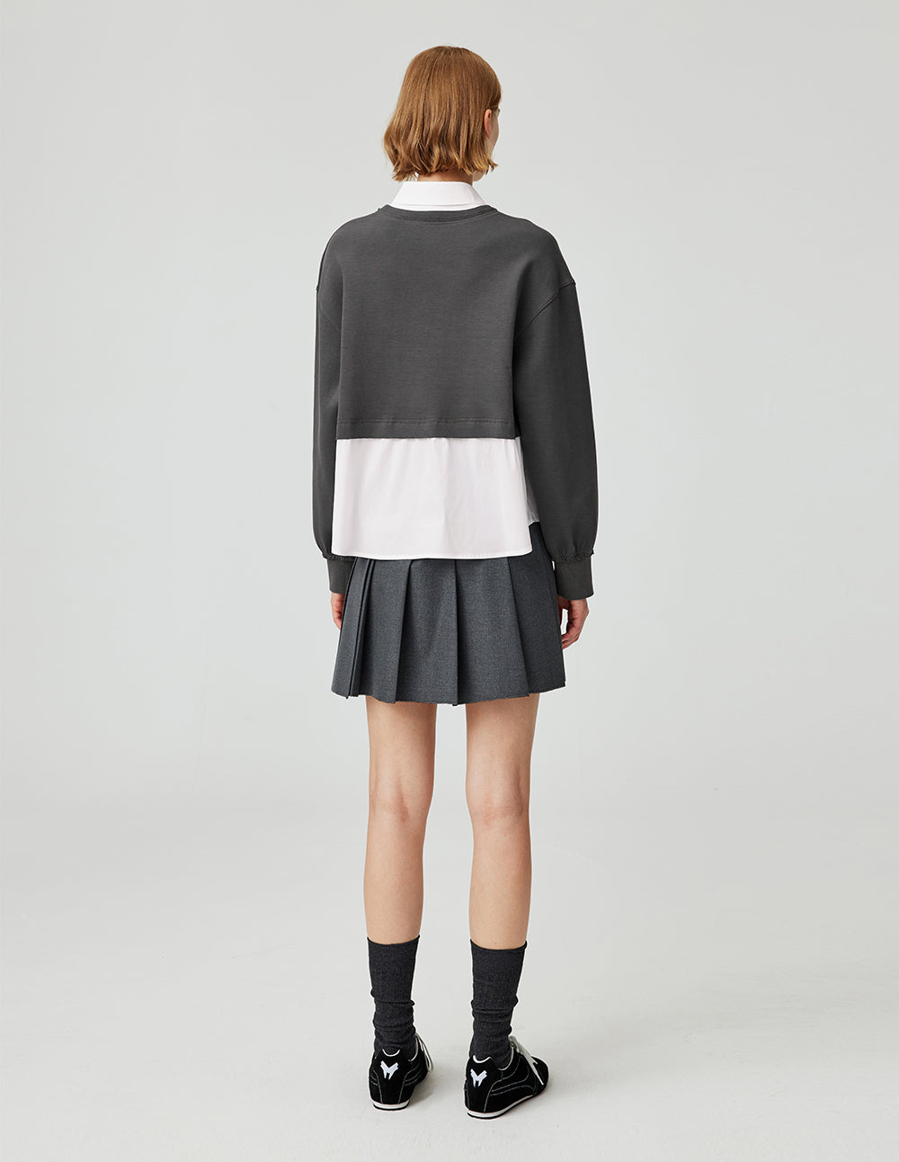 MF college style needlepoint stitching space gray contrast white shirt