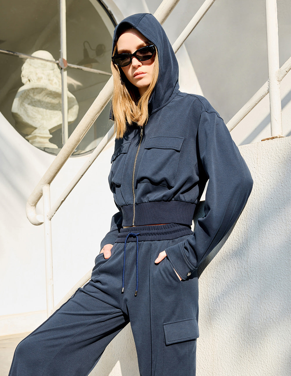 Women's Navy Blue Casual Hooded Jacket