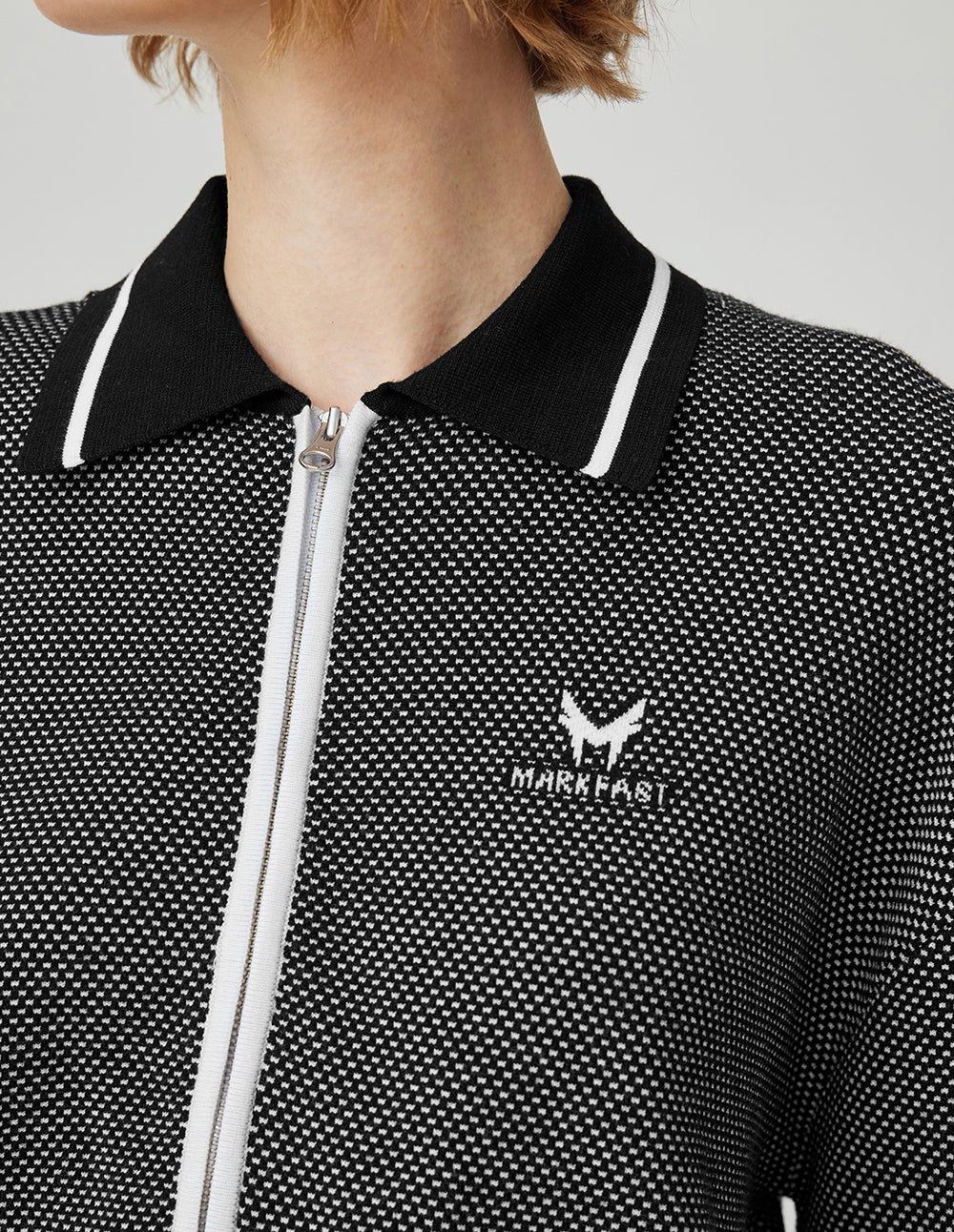 MF contrast color polo lapel zipper ribbed knitted cardigan