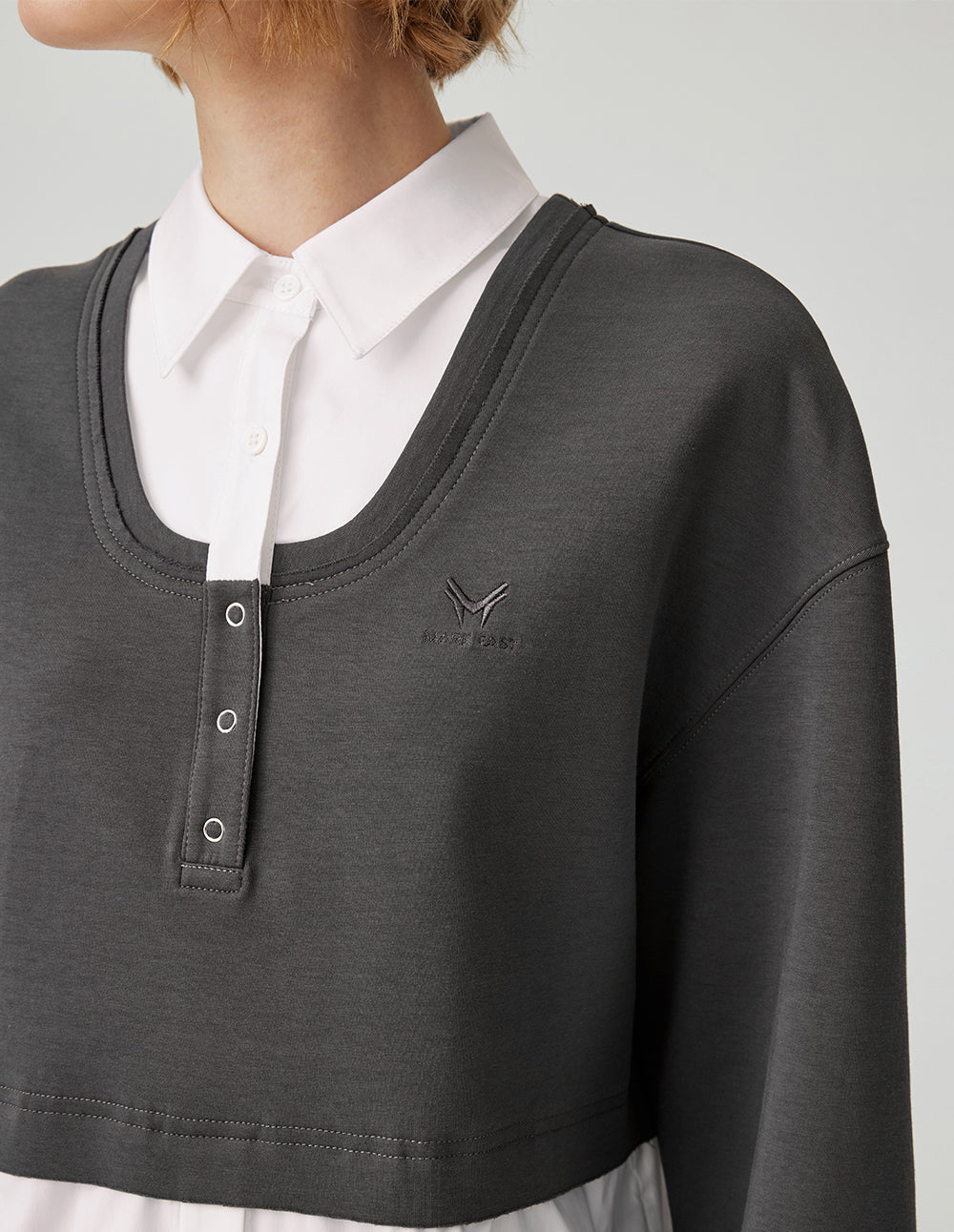 MF college style needlepoint stitching space gray contrast white shirt