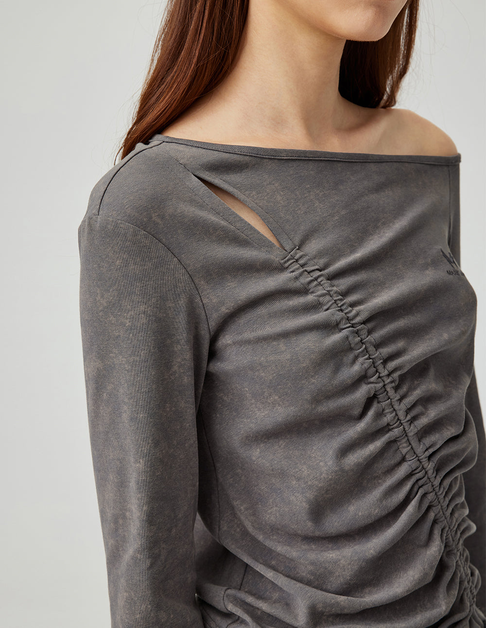 MF one-shoulder oblique elastic pleated lace-up gray top