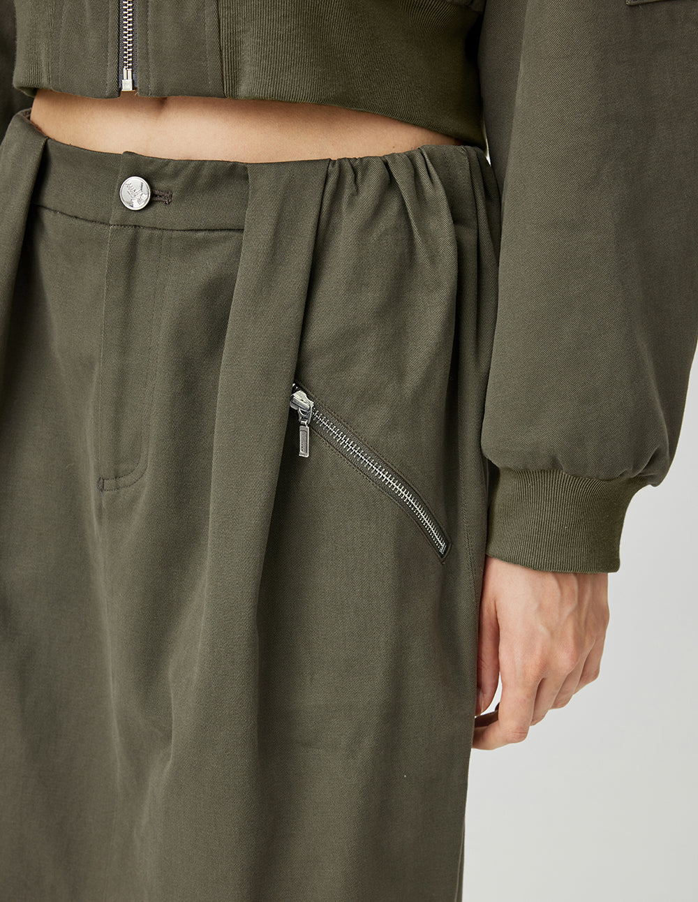 MF Retro Grey Olive Green Loose Straight Fit Pleated Design Versatile Midi Skirt