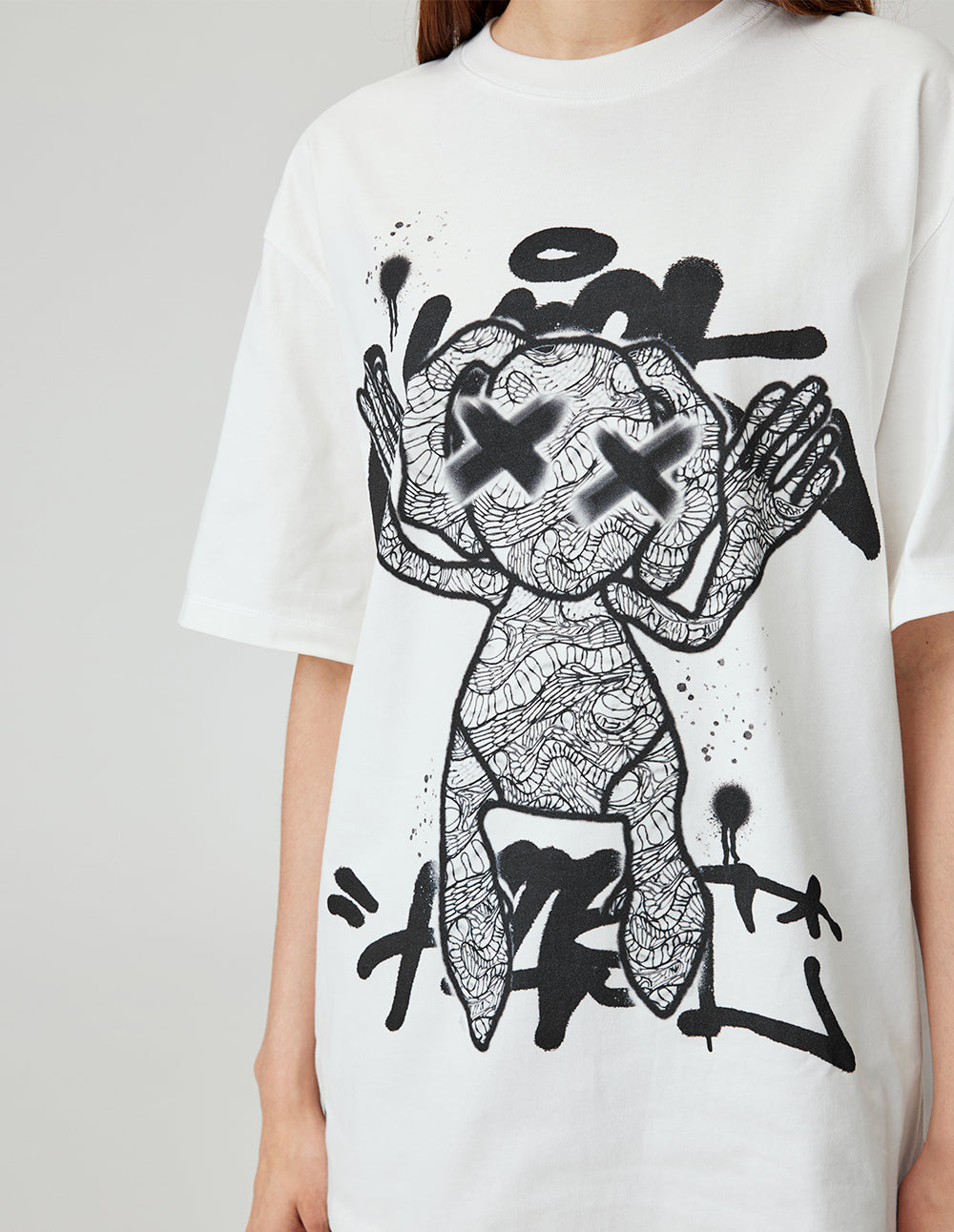 MF Unisex Threaded Small Round Neck Abstract Monster Print Loose Cotton T-Shirt