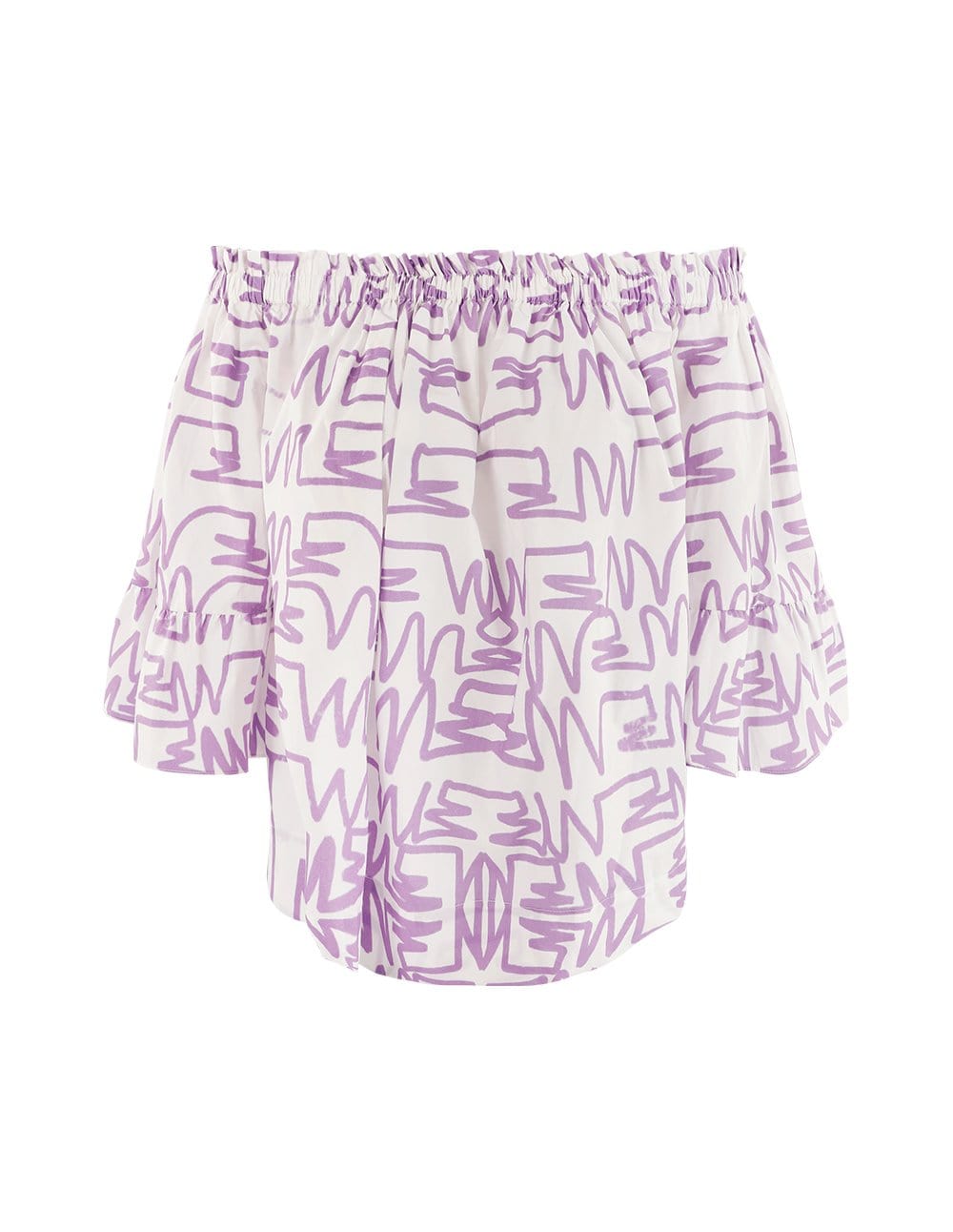 Women Mf Graffiti Pattern Off-Shoulder Wide Sleeve Blouse