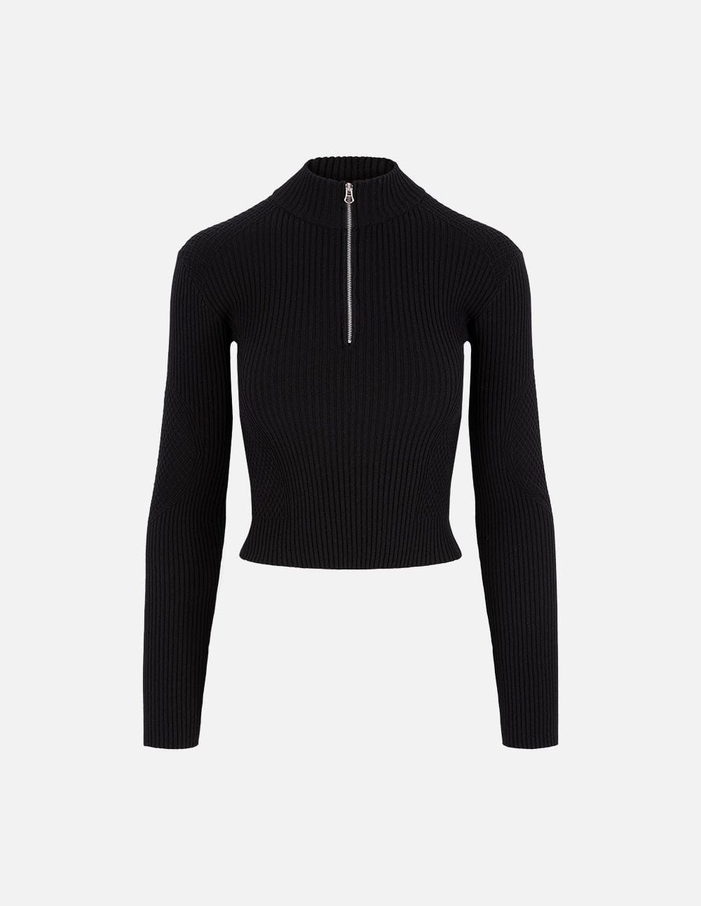 Women's Black Small Stand Zip Collar Knit Sweater