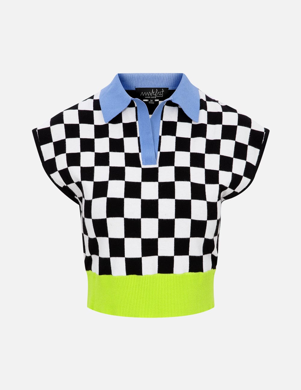 Women's Black and White Checkered Shoulder Pad Knit Sweater