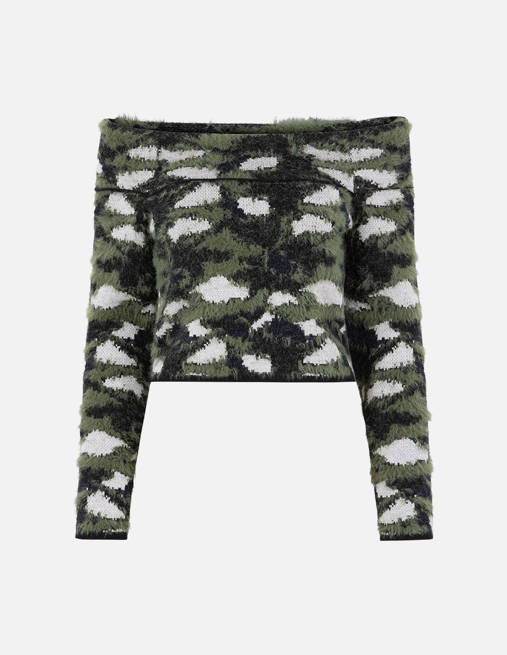 Ladies Camouflage Jacquard Off Shoulder Knit Sweater