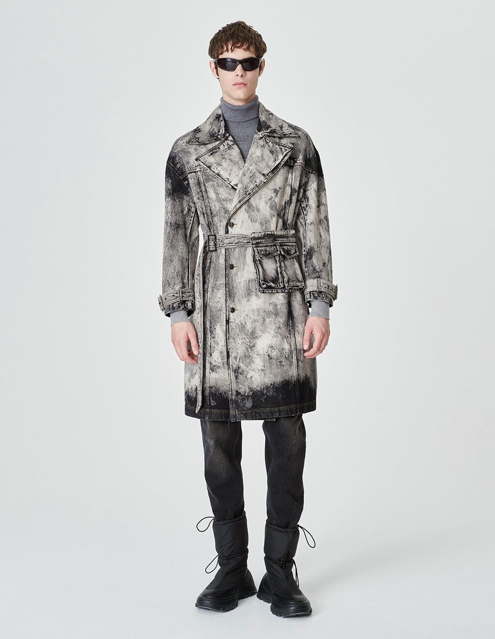 Unisex Lace-Up Belted Bleached Washed Denim Coat