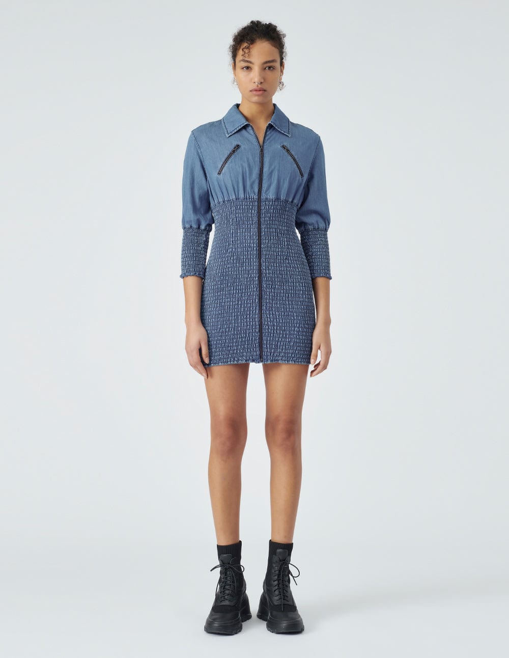 Women's Mid Blue Ruched Denim Dress