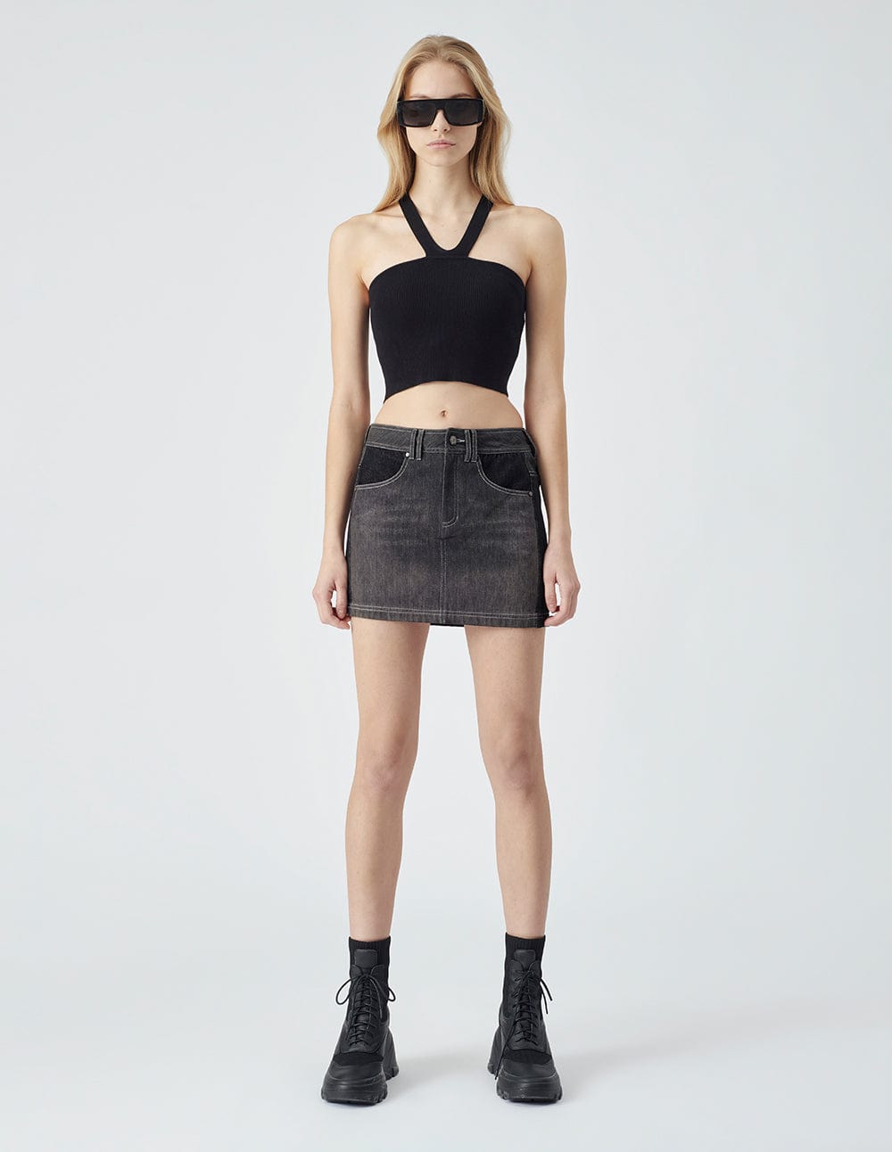 Ladies Patchwork Black Denim Skirt