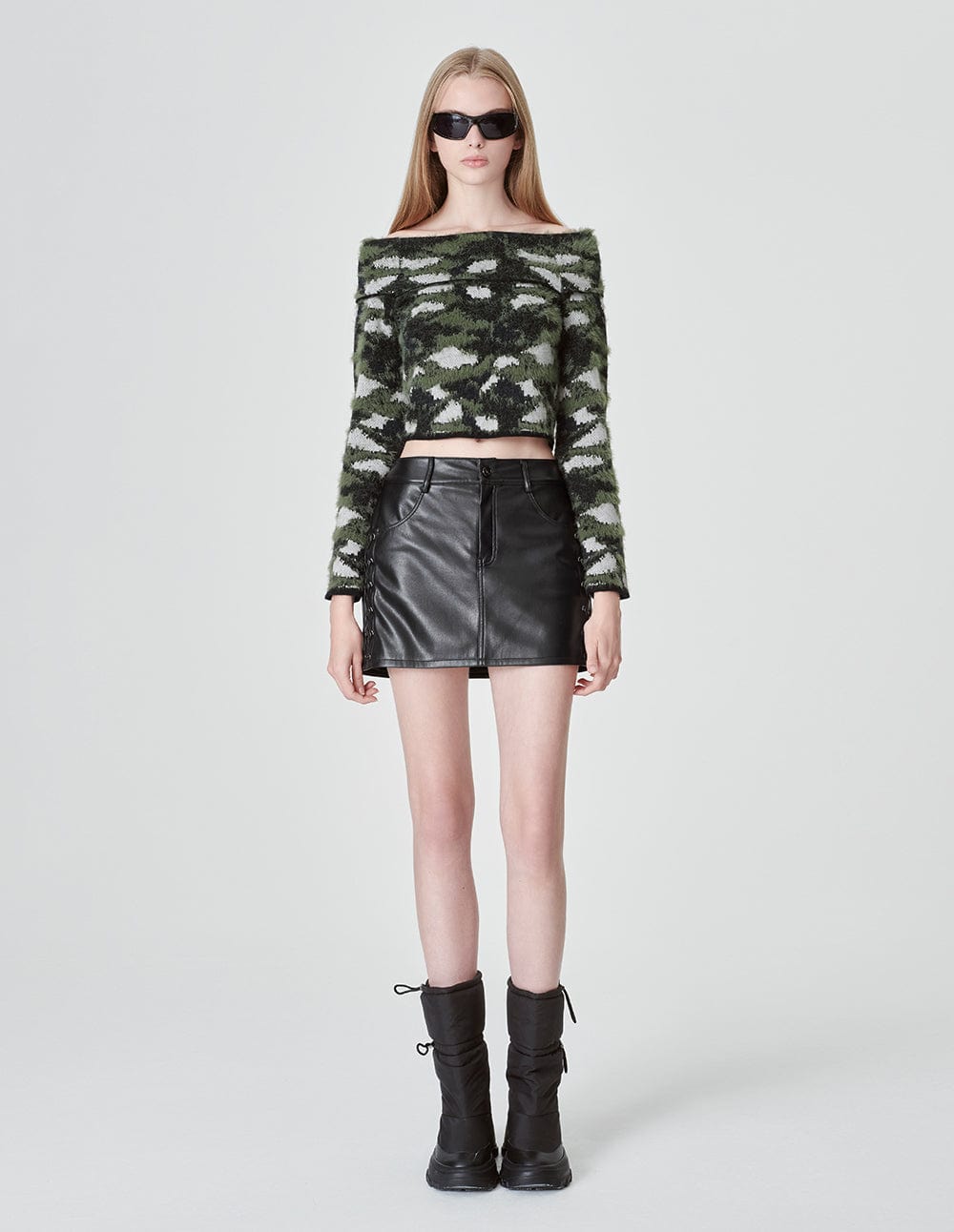 Ladies Camouflage Jacquard Off Shoulder Knit Sweater