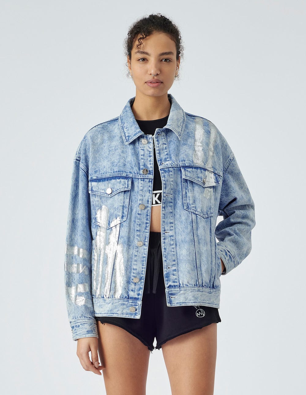Unisex blue printed washed denim jacket