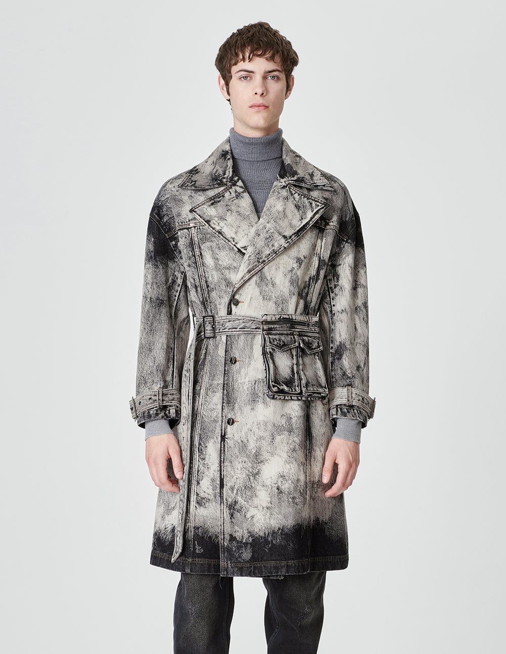 Unisex Lace-Up Belted Bleached Washed Denim Coat