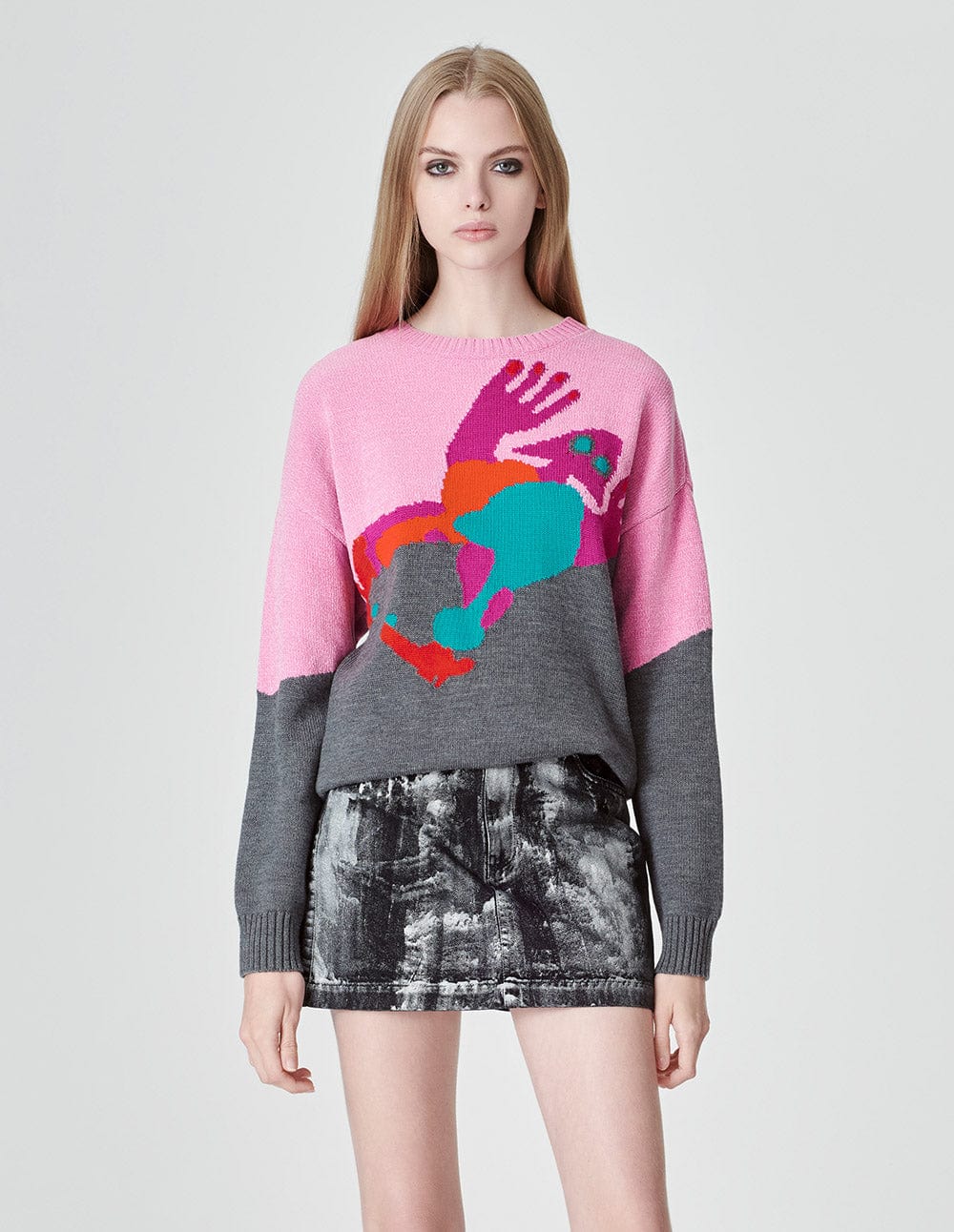 Women's Pink Gray Jacquard Sweater