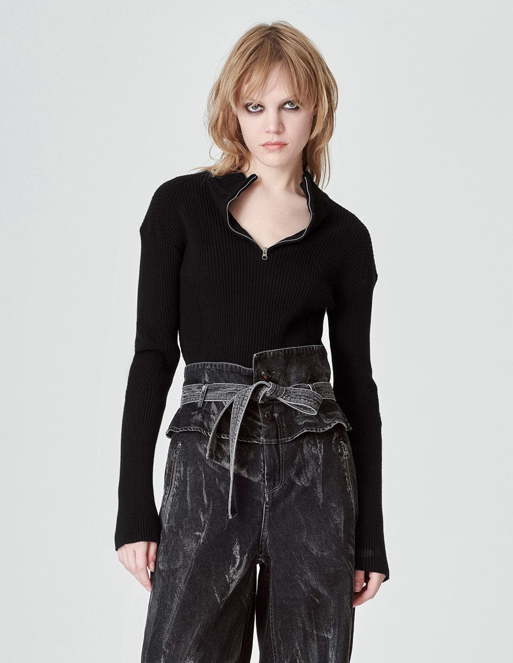 Women's Black Small Stand Zip Collar Knit Sweater