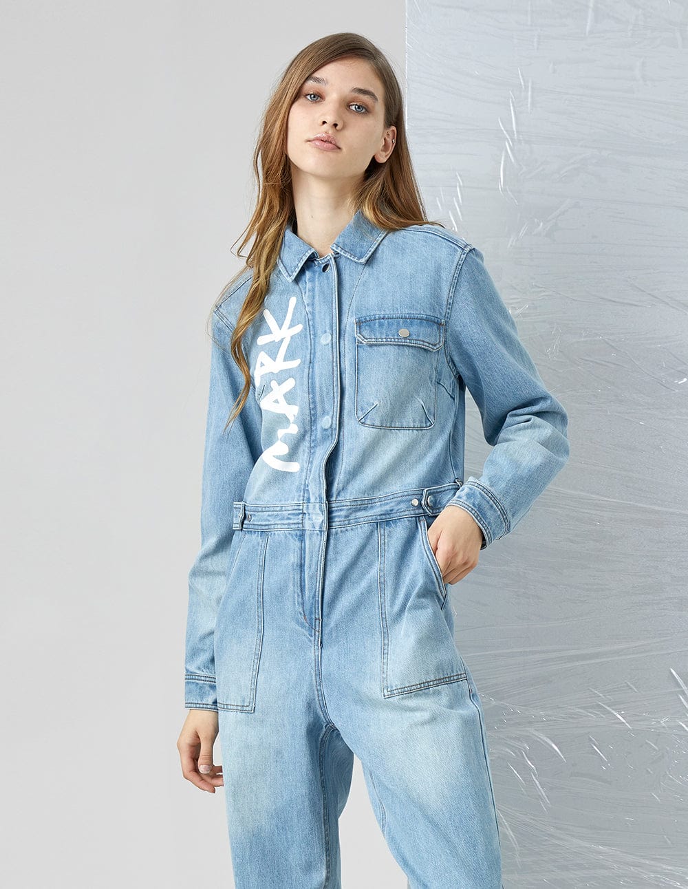 Women Washed Zipper Denim Jumpsuit
