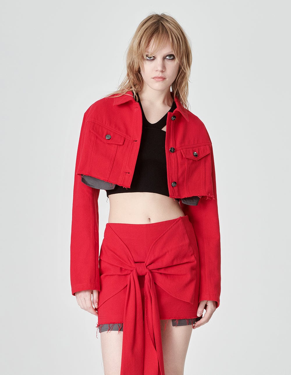 Women's Red Twill Short Denim Jacket